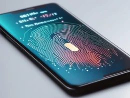 A smartphone highlighting biometric verification.