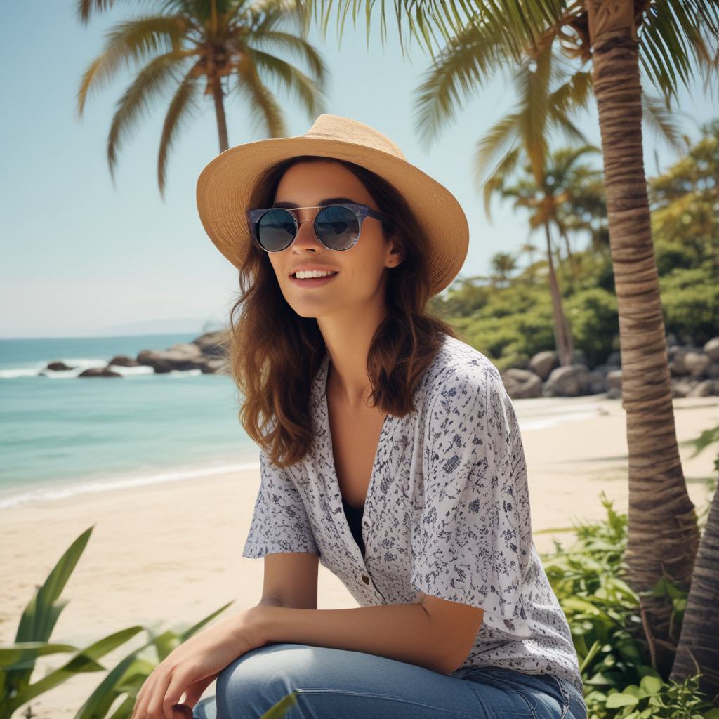 A lady wearing sunglasses sitting by the beach surrounded by palm trees