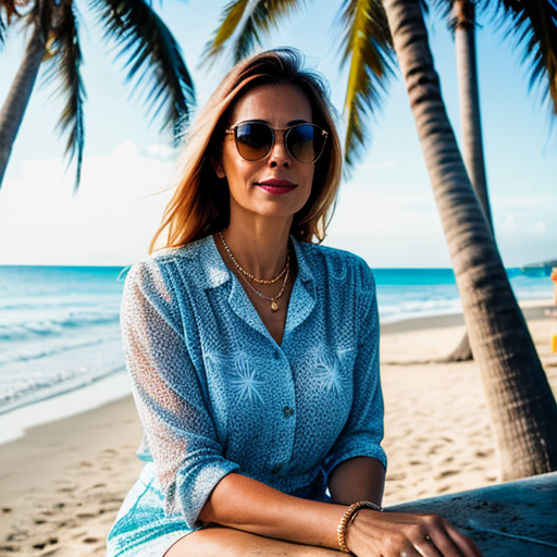 A lady wearing sunglasses sitting by the beach surrounded by palm trees